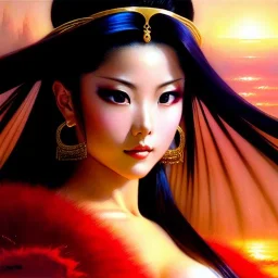 Drawing of beautiful face,busty Mai Shiranui (Fatal Fury),intense stare,Minimal ancient armor, balanciaga fashion clothe painting by gaston bussiere, greg rutkowski, yoji shinkawa, yoshitaka amano, tsutomu nihei, donato giancola, tim hildebrandt, oil on canvas, cinematic composition, extreme detail,fit full head inside picture,16k