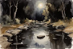 Night, rocks, puddle, gothic horror movies influence, puddle, epic, john singer sargent watercolor paintings