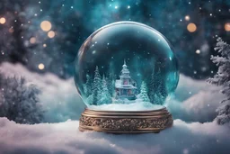 mint color tone, one snow globe against the background of the cosmic sky, abstract beautiful light, New Year’s forest, fairytale mystical setting, beautiful New Year’s motifs, in the middle of fantasy, inscribed in the holiday concept, stylish luxury packaging concept symbolizing magic, fantastic atmosphere, professional shot, side view, 4K, hyperrealistic foreground
