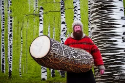 Portrait of a Northern Native Sage. Indigenous, Kekripukki, carries drum made of birch-park, Scary Horns grow from his shoulders, The Egyptian, Traditional Costume is white with red ornaments and patterns. African style colorful faces, Arctic Hills, Strange trees, Haunting Atmosphere, North-Carelia, Karelia, Karjala, Karjalainen, traditional Carelian costumes, dripping black tears on cheek, Kaamos