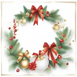 Christmas minimal background, with scattered bells, wreaths, ribbons, presents and ornaments around the frame of the image, gold, red and green tones, style is like watercolor painting, white background