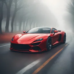 Imagen de un auto super deportivo, de color rojo, en una carretera, el cual contenga un ambiente misterioso y neblina, perspectiva de frente Arte renacentista