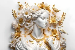 White background, Woman statue made of gold, flowers, birds