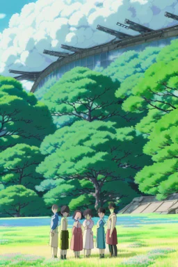 "An inspiring final shot of the revitalized biodome, where the once blighted trees now tower, flourishing and radiant. Yui, Toshi, and a group of Oxygen Farmers stand in the foreground, their faces filled with joy and relief as they look on at their reborn sanctuary.