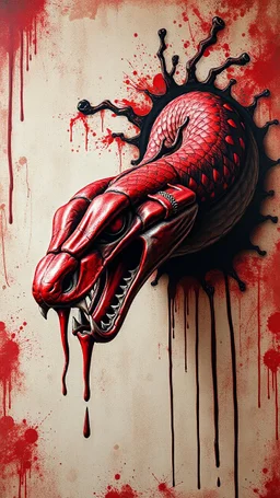 Bosch style painting , A 3D snake head out of red and black bloody wall
