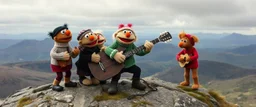 masterfully knitted muppet puppet band all playing on one huge enourmous big guitar on the top of ben alder mountain in scotland