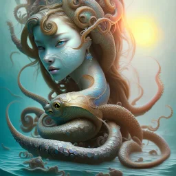 Sango fantasy, fantasy magic, intricate, sharp focus, illustration, highly detailed, digital painting, concept art, matte, art germ and Paul Lewin and Kehinde Wiley, masterpiece Japanese mermaid head bronze octopus' Asian African girl nice breast Thai hair turquoise silver blue under water