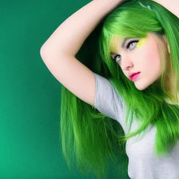 A beautiful girl , cute , green hair, highly detailed and a green background