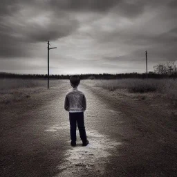 Alone boy, abandoned town, hyperrealistic