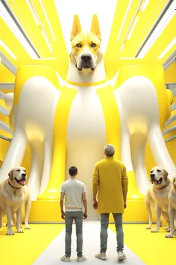 humans obey front of the huge yellow-white big dog, myistic atmhosphare. Realistic, render, 4k