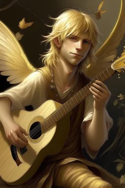fee, männlich, Libellen-Flügel, hellblondes, fast weißes, unordentliches Haar, Laute spielend, lange spitze Ohren, goldene Augen, realistisch, kindliches aussehen