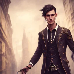 Male, Human, dark long hair, Black Eyes, Young, Photorealism, Full Body Shot, City Background, sharp focus, dark, black, steampunk