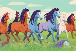 illustration fantasy horses of different colors in a field from afar