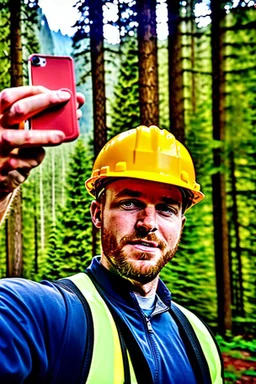 Red vested TF2 engineer with yellow hardhat taking a selfie at the forest