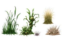"Isolated concept art of multiple types of alien grass on a plain neutral background. Designed for different biomes: Forest biome – lush, dense, tall grass with strange broad blades, glowing tips, and twisted leaves. Swamp biome – slimy, wet, moss-like grass with tangled roots, bioluminescent details, and spongy textures. Desert biome – dry, spiky, brittle grass with sharp edges, thorn-like blades, and pale dusty colors. Each grass type should have a unique silhouette and texture.