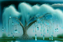 aquamarine gems, clouds, willow tree