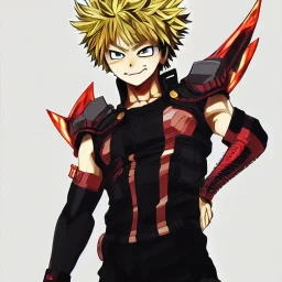 Detailed anime portrait of bakugo from my hero academia, gold hair and golden eyes, black suit, intricate details, full body portrait, keep head in frame, slight smile, black Japanese motif, concept art, highly detailed, digital painting, concept art, sharp focus, illustration, art by Yoji Shinkawa, WLOP and greg rutkowski and alphonse mucha and artgerm and yanjun Chen and Junji ito and Makoto Shinkai, HDR, octane render