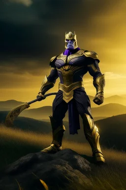 Thanos, the commander of the army of aliens and the king of the entire galaxy, is ready to go on a campaign with his two large swords, his very beautiful and impenetrable armor with his golden helmet, standing on top of a hill with his sword with infinity gauntlet