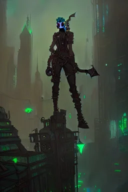 dystopian city, goblin, green hair, holding an axe, steampunk style