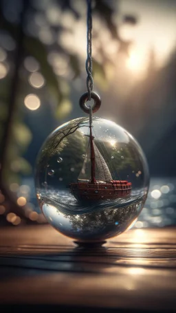 vortex worm hole inside a boat crystal ball hanging from a tree in the mountain , shot on Hasselblad h6d-400c, zeiss prime lens, bokeh like f/0.8, tilt-shift lens 8k, high detail, smooth render, down-light, unreal engine, prize winning