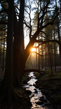 A wood with a huge trees , river stream in the middle , behind the tree dim light of the sunset,