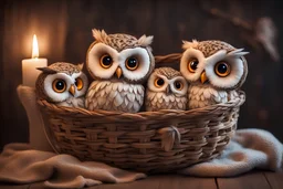 Cute stuffed owls lie in a carved basket on a soft sling, by candlelight