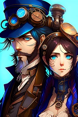 anime couple, steampunk , colorful, man with beard and woman with dark hair and blue eyes