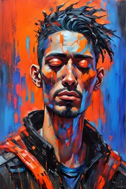 a portrait of a skinny cyberpunk man with her eyes closed and having a headache, acrylic and tint leak, epic vibrant, wlop : :, raggae art, detailed heavy impasto, dazzling colors of orange and red and black, wavy cobalt bluestreak glitches, olivia pendergast influence