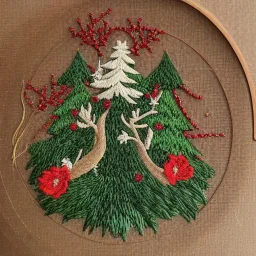 exquisite whimsical christmas forest in embroidery hoop, intricate, highly detailed, linen and wood backdrop