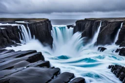 massive intimidating rock cliffs ascend all around and further up out of view. far below, the stormy ocean swirls intimidatingly. The ocean water falls off a waterfall down into a circular pit