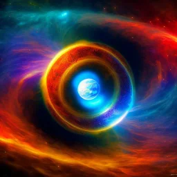 phsychedelic, swirling colors, red sun in center, blue moon, blackhole, stars, space