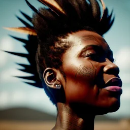 A beautiful portrait of a cyberpunk cyborg black tribal woman with lot's of grain on her skin and big tribal tatoos all over the skin, with natural hair floating in the wind cyborg smiling facing camera orange color scheme, high key lighting, volumetric light high details with white stripes and feathers unreal 5, octane render, cinema4d, dynamic lighting, dramatic lighting, 4k, redshift render, highly detailed, hyper realistic