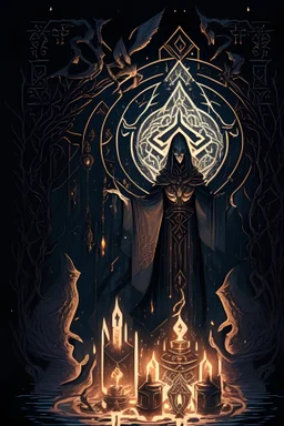 Delve into the mysterious and enigmatic world of the occult with a captivating digital illustration that explores esoteric symbols and mystical elements. Create a scene where an occult practitioner, adorned in intricate robes and surrounded by arcane artifacts, performs a ritual in a dimly lit chamber. The atmosphere is charged with mystical energy, as candles cast flickering shadows and the air is heavy with incense. Intricate sigils and symbols adorn the walls, while ancient grimoires and spel
