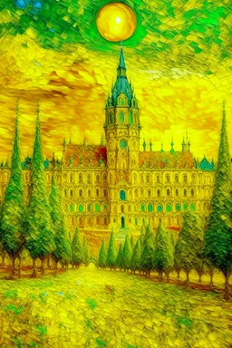 A yellow heavenly kingdom with a glittering palace painted by Vincent van Gogh