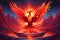 A phoenix emerging from red and orange liquid crystal pools, in Chemiluminescent Surrealism style, with zero-point energy fields.