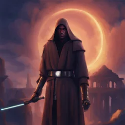 star wars bald male corellian jedi pilot wearing black and gunmetal grey old republic armored robes with gold trim, alone, battle-ready Jedi Master defending a ruined ancient city surrounded by golden light, centered head and shoulders portrait, hyperdetailed, dynamic lighting, hyperdetailed background, 8k resolution, volumetric lighting, light skin, fully symmetric details