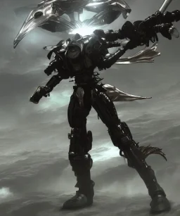 Photorealistic futuristic shiny winged samurai mechwarrior holding large katana on the surface of an alien planet