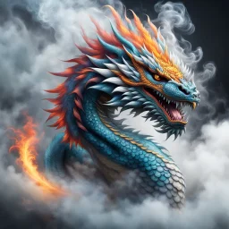 a sturdy colorful asian dragon with curly white fur, smokey breath and fire, claws, spikes along back, a long tail, moving forward out of the smoke and mist