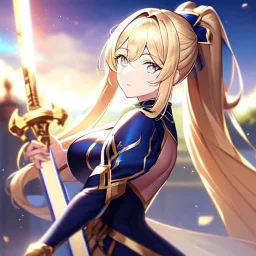 Clear focus, 8k, girl, high quality, detailed, golden long ponytail hair, white eyes, beautiful lighting, vibrant colors, holding sword