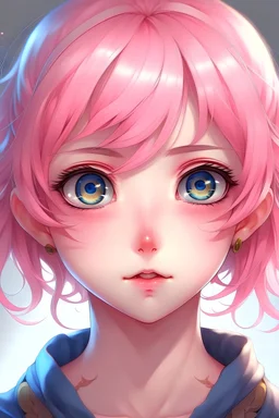 A beautifal girl has a short wavy pink hair with big bleou eyes anime