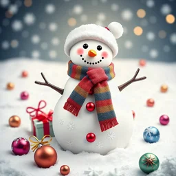 Create multicoloured Snowman with around snowflakes gifts and balls and winter background