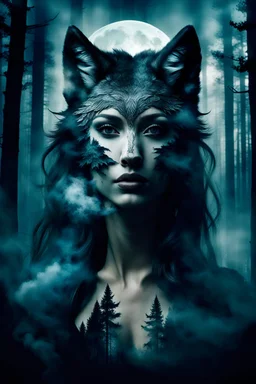 double exposure stunning woman-wolf hybrid portait, forest, moon, smoke, ultra-high detailed, deep dark colors, dark fantasy, intricate detail, cinematic, masterpiece, sharp focus, dark ethereal fantasy, hyperdetailed, atmospheric , dark surreal fantasy