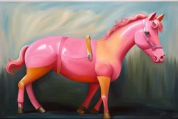 Big pink plastic toy horse.19th painting