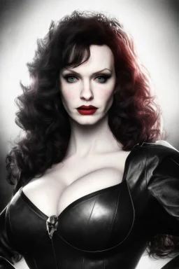 Christina Hendricks as evil queen in black leather gown, feminie, angry, stern look on her face, volouptous, busty, cleavage, emperious, mature, style of frank miller sin city, unreal 5, octane render,cinema4d, dynamic lighting, dramatic lighting, 4k, redshift render, highly detailed, hyper realistic, in space