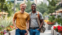 professional photo from happy couple men, one light brown and one black hair man in colorful city cloths t-shirt and jeans. city garden, summer, high realistic, detailed, canon photo, 64 megapixels, perfect composition