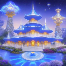 landscape of aztecan celestial blue temple ambient beutiful villa white gold and neon lights bright and blue bright gloss effect of a futuristic house,like spaceship, natural round shapes concept, large transparent view of the open outdoor garden,sea beach,blue sky , gold crystals,with light blue, flowers of Lotus, beutiful pools, light of sun , palmiers,cerisiers en fleurs, wisteria, sun , stars, small waterfalls