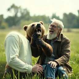 Cyborg bear playing with a laughing real caucasian old man who is sitting down in a sunny field, Cinematic still, film grain, vignette, color graded, post-processed, cinematic lighting, best quality, atmospheric, a masterpiece, epic, stunning, dramatic