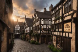 Old English Tudor Alley with shops, signs, bridges, and balconies, sunset, clouds, warped and grubby