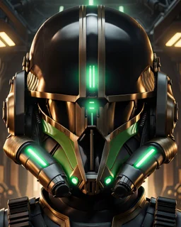 star wars bald male corellian pilot wearing black and bright gasoline green First Order special forces TIE pilot commando armored flightsuit and helmet with gold trim inside the jedi temple, centered head and shoulders portrait, hyperdetailed, dynamic lighting, hyperdetailed background, 8k resolution, volumetric lighting, light skin, fully symmetric details