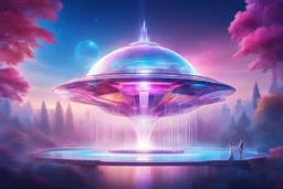 a cosmic beautiful SPACESHIP made of crystals and light is flyng up above a cosmic futuristic house. the landscape is a magic coloured nature with a central fountain with a magic bright crystal